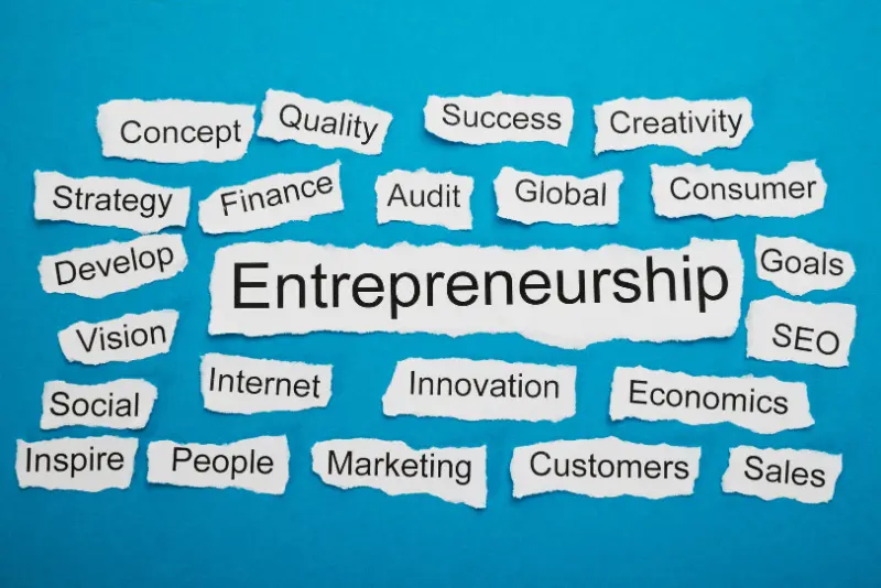 Collage of startup traits like innovation, agility, disruption, hustle, growth
